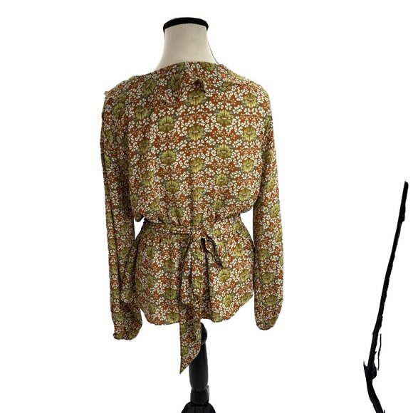 Max Studio Womens M Brown Floral Ruffle V Neck Long Sleeve Peplum Blouse - Picture 4 of 6